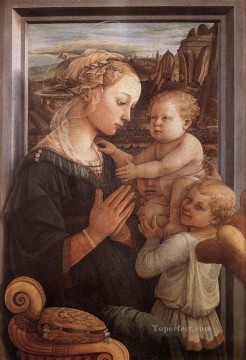  angel - Virgen con el Niño y dos ángeles 1465 Renacimiento Filippo Lippi